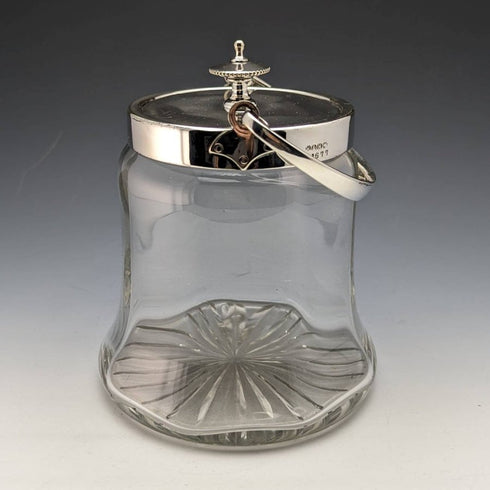 British vintage cut glass biscuit barrel silver plate lid 917g